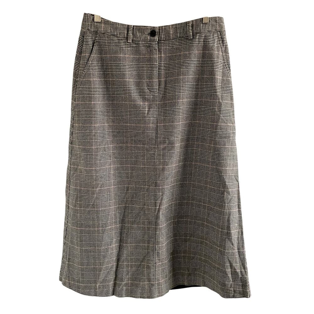 L.L.Bean Houndstooth Plaid Midi Skirt Size 6 A-Line Classic Tailored Wool Blend